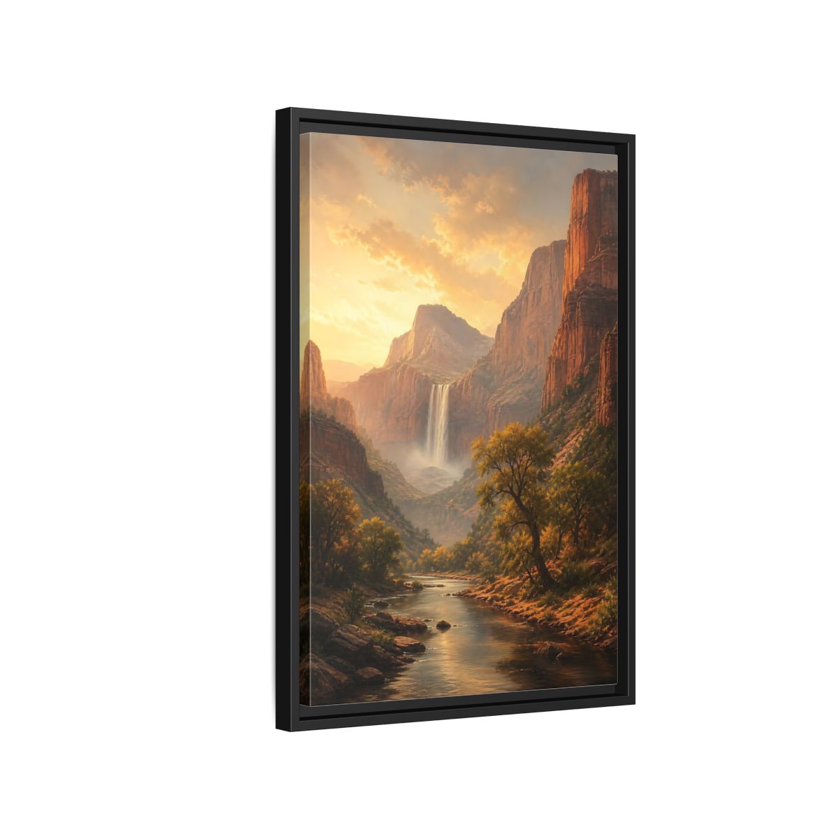 Nature Canyon Waterfall Golden Framed Canvas Wall Art - Realistic Living Room, Above Couch shown as canvas wall art