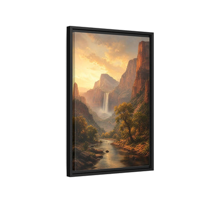 Nature Canyon Waterfall Golden Framed Canvas Wall Art - Realistic Living Room, Above Couch shown as canvas wall art