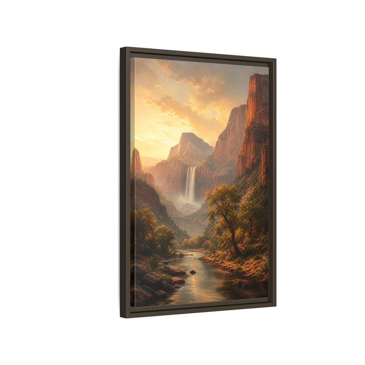 Nature Canyon Waterfall Golden Framed Canvas Wall Art - Realistic Living Room, Above Couch shown as canvas wall art