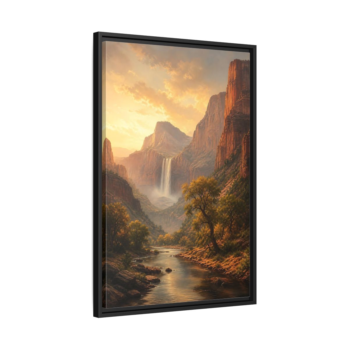 Nature Canyon Waterfall Golden Framed Canvas Wall Art - Realistic Living Room, Above Couch shown as canvas wall art