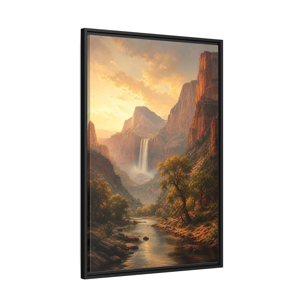 Nature Canyon Waterfall Golden Framed Canvas Wall Art - Realistic Living Room, Above Couch shown as canvas wall art