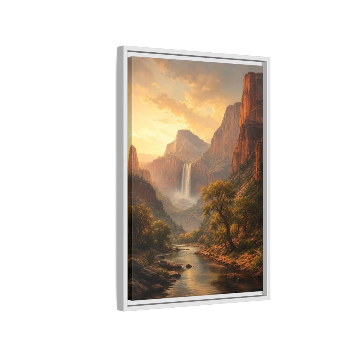 Nature Canyon Waterfall Golden Framed Canvas Wall Art - Realistic Living Room, Above Couch shown as canvas wall art