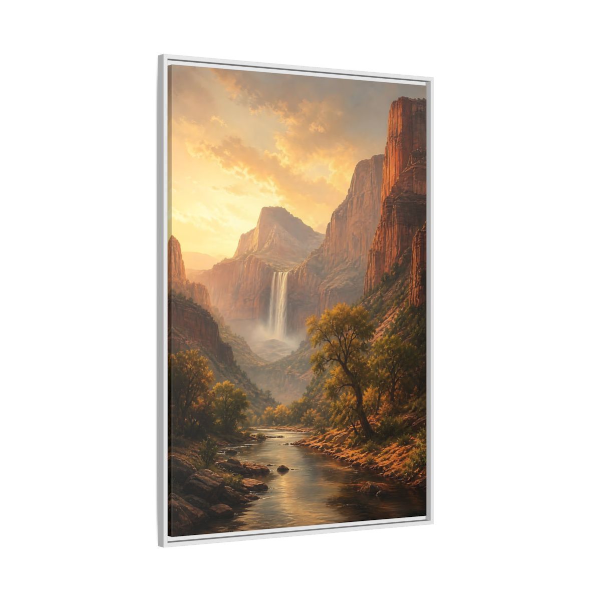 Nature Canyon Waterfall Golden Framed Canvas Wall Art - Realistic Living Room, Above Couch shown as canvas wall art