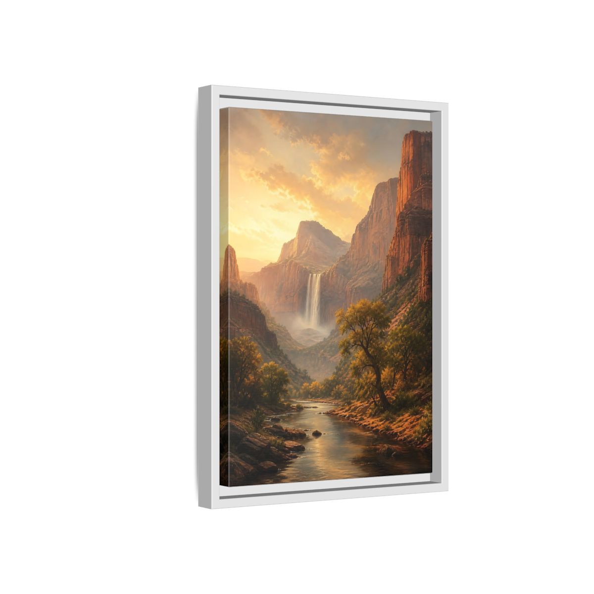 Nature Canyon Waterfall Golden Framed Canvas Wall Art - Realistic Living Room, Above Couch shown as canvas wall art
