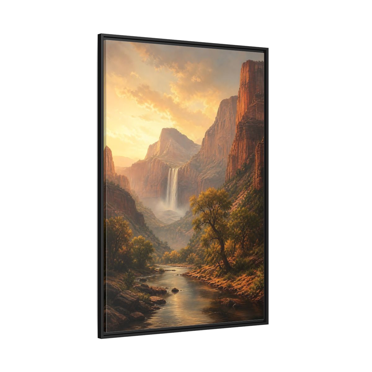 Nature Canyon Waterfall Golden Framed Canvas Wall Art - Realistic Living Room, Above Couch shown as canvas wall art