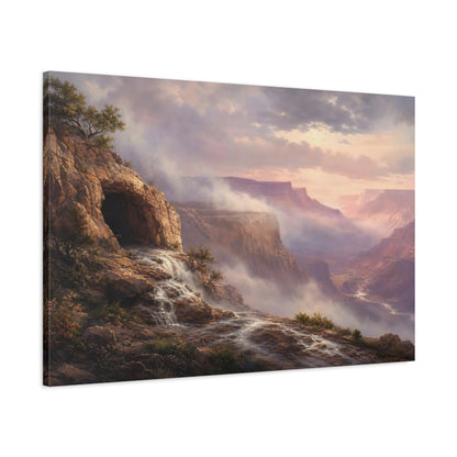 Main Mockup. Nature Canyon Waterfall Misty Canyon Landscape shown as stretched canvas wall art