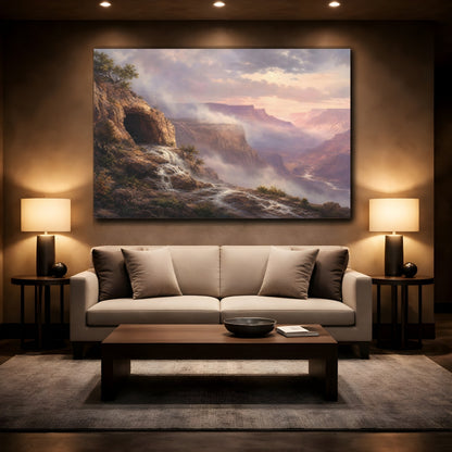 Mockup 2. Nature Canyon Waterfall Misty Canyon Landscape shown as stretched canvas wall art
