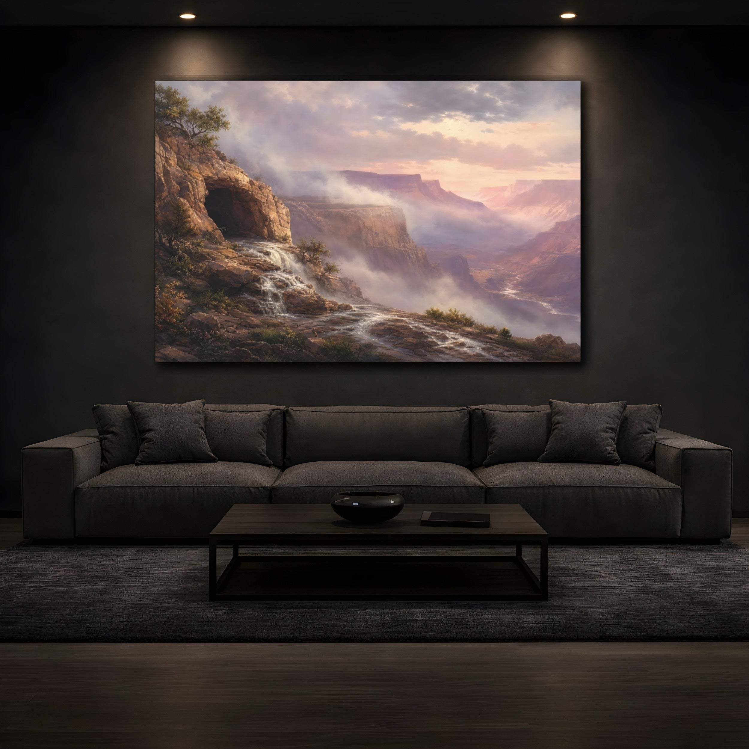 Mockup 3. Nature Canyon Waterfall Misty Canyon Landscape shown as stretched canvas wall art