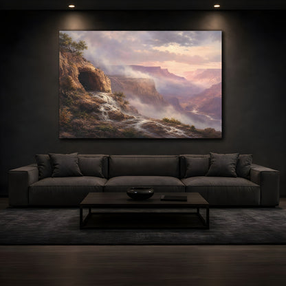 Mockup 3. Nature Canyon Waterfall Misty Canyon Landscape shown as stretched canvas wall art