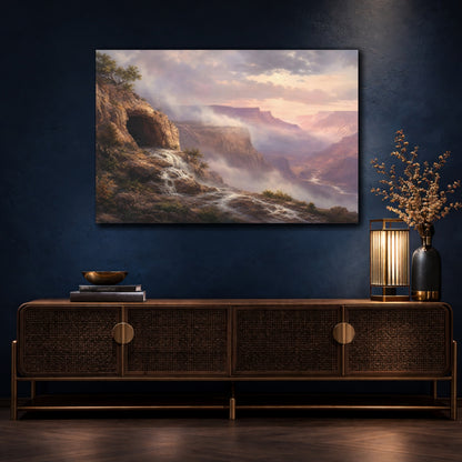 Mockup 4. Nature Canyon Waterfall Misty Canyon Landscape shown as stretched canvas wall art