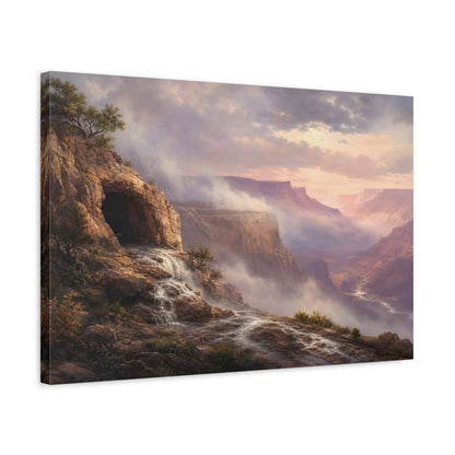 Side Mockup 3. Nature Canyon Waterfall Misty Canyon Landscape shown as stretched canvas wall art