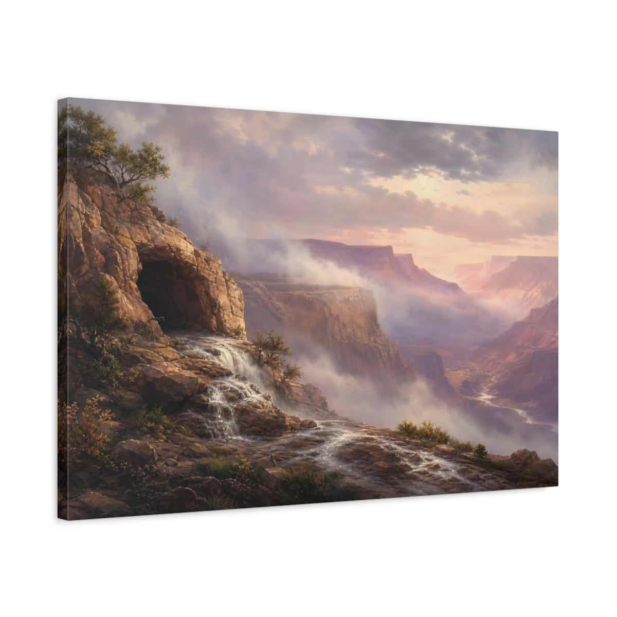 Side Mockup 2. Nature Canyon Waterfall Misty Canyon Landscape shown as stretched canvas wall art