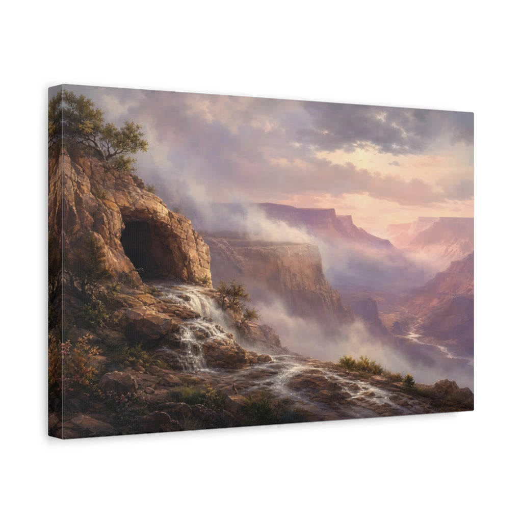Side Mockup 4. Nature Canyon Waterfall Misty Canyon Landscape shown as stretched canvas wall art