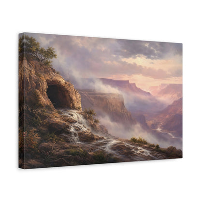 Side Mockup 4. Nature Canyon Waterfall Misty Canyon Landscape shown as stretched canvas wall art