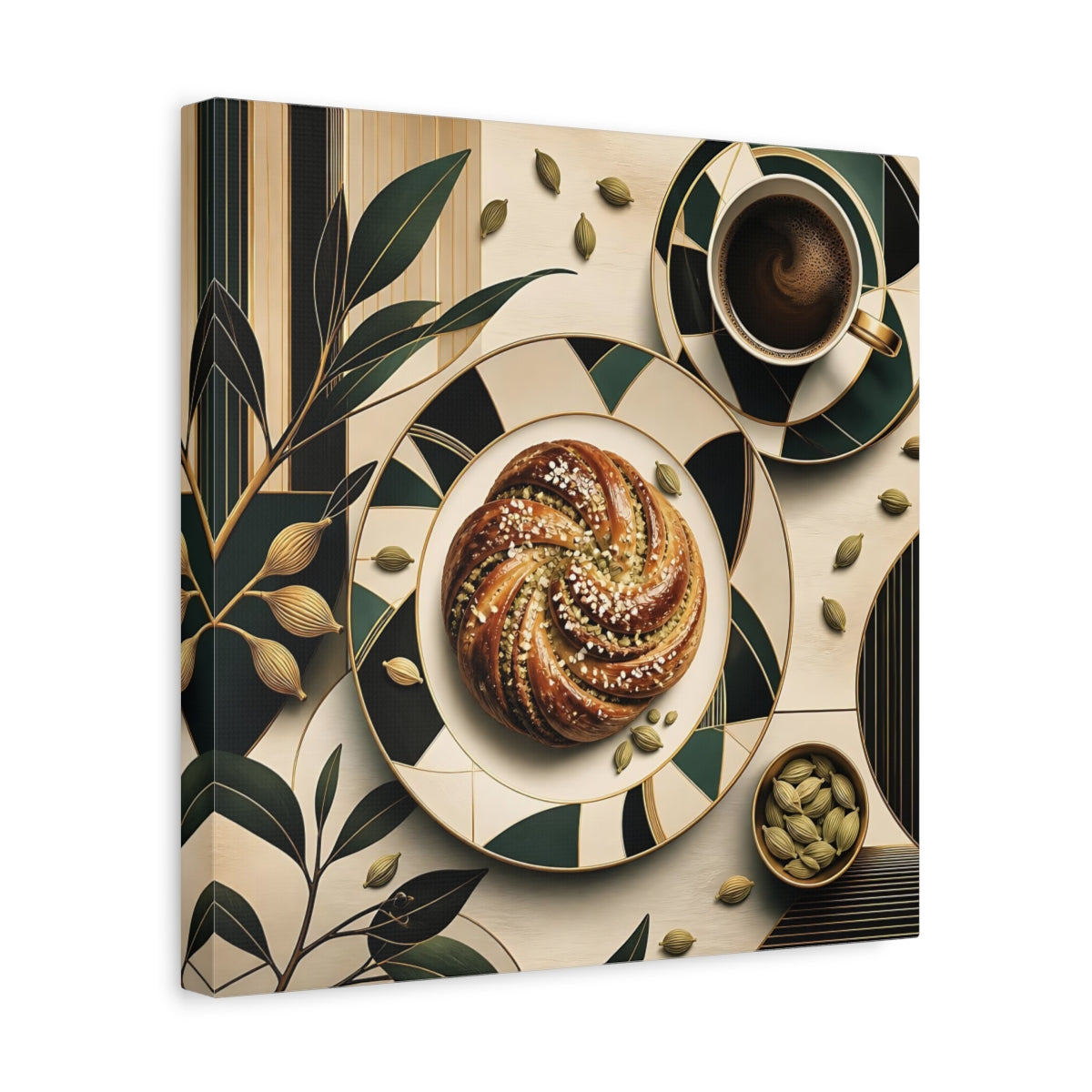 Side Mockup 7. Nature Cardamom Bun Green And Gold Still Life shown as stretched canvas wall art
