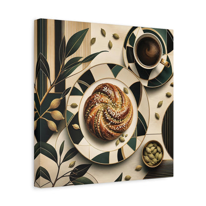 Side Mockup 7. Nature Cardamom Bun Green And Gold Still Life shown as stretched canvas wall art