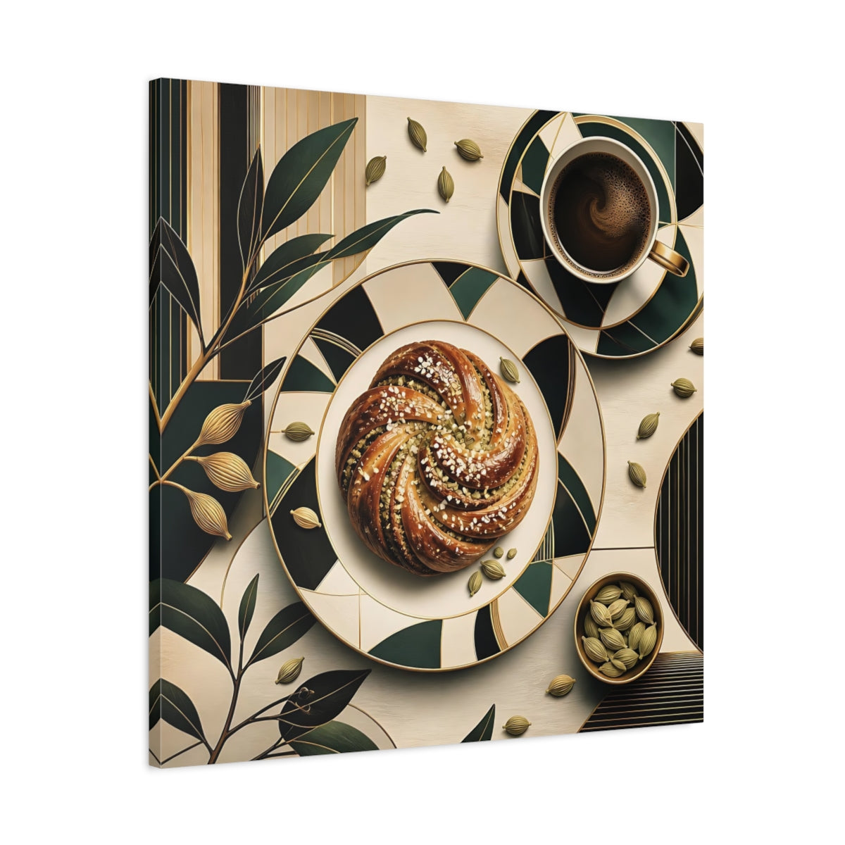 Side Mockup 3. Nature Cardamom Bun Green And Gold Still Life shown as stretched canvas wall art