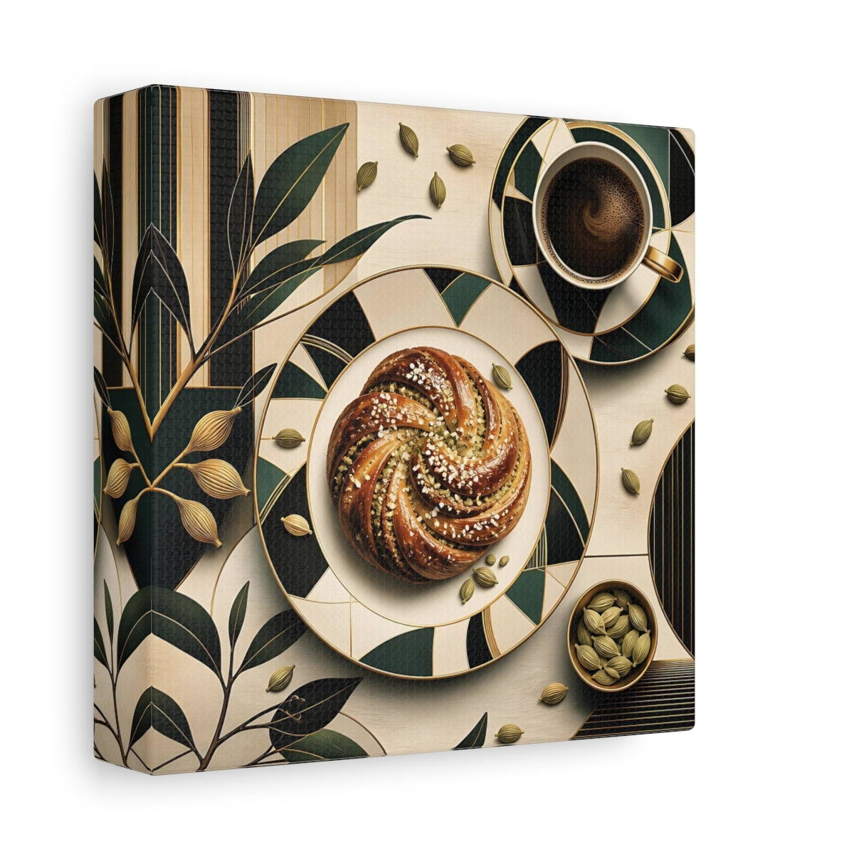 Side Mockup 2. Nature Cardamom Bun Green And Gold Still Life shown as stretched canvas wall art