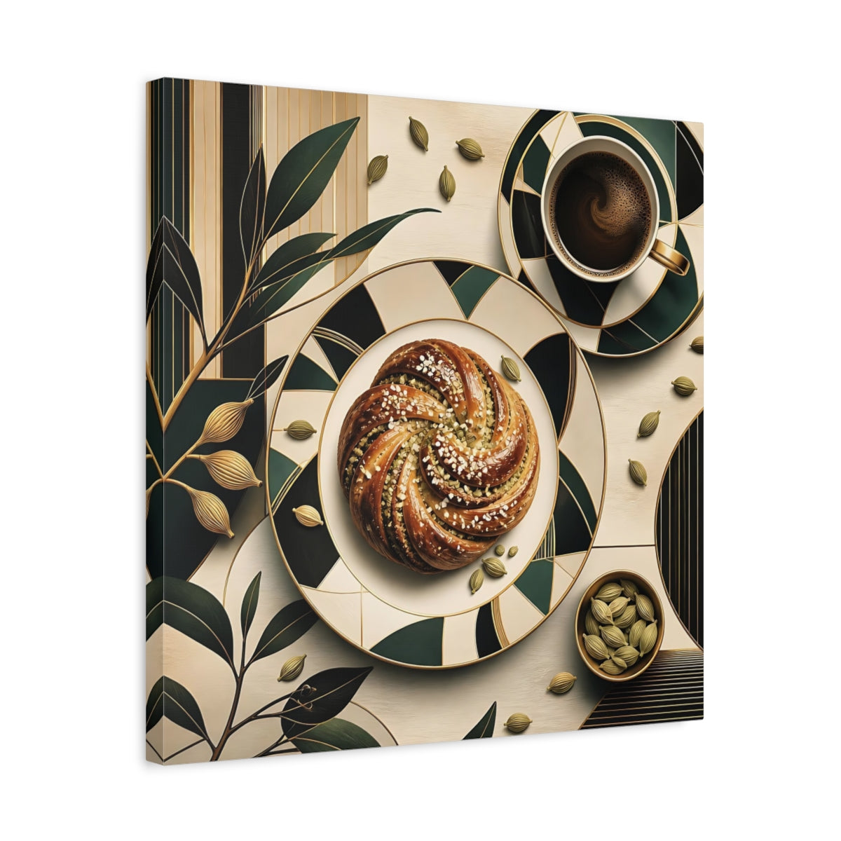 Side Mockup 5. Nature Cardamom Bun Green And Gold Still Life shown as stretched canvas wall art