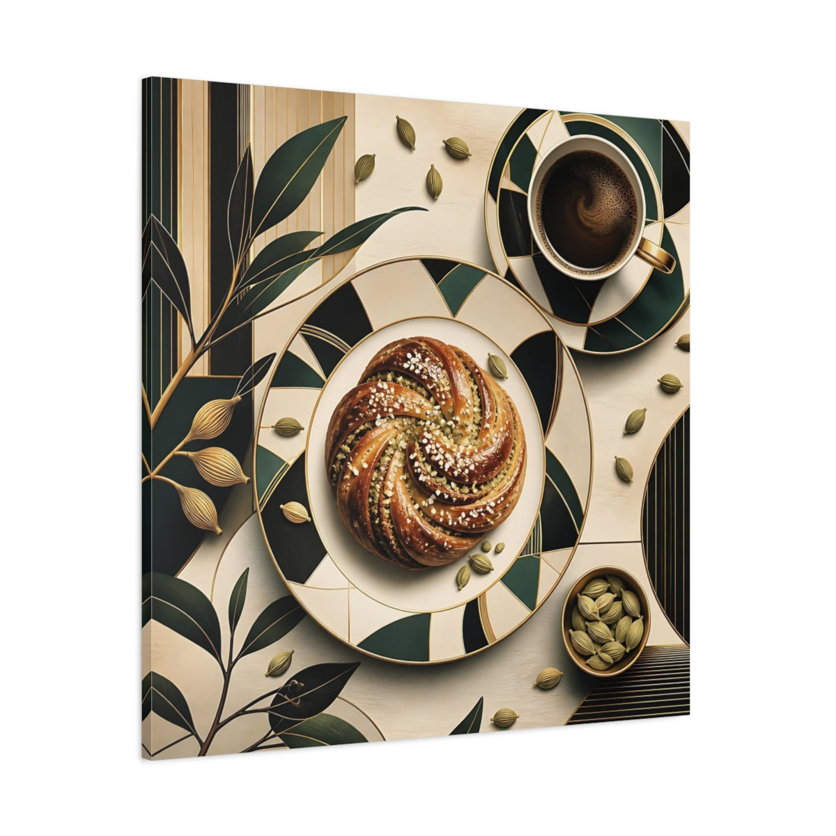Side Mockup 1. Nature Cardamom Bun Green And Gold Still Life shown as stretched canvas wall art