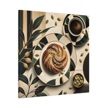Side Mockup 1. Nature Cardamom Bun Green And Gold Still Life shown as stretched canvas wall art
