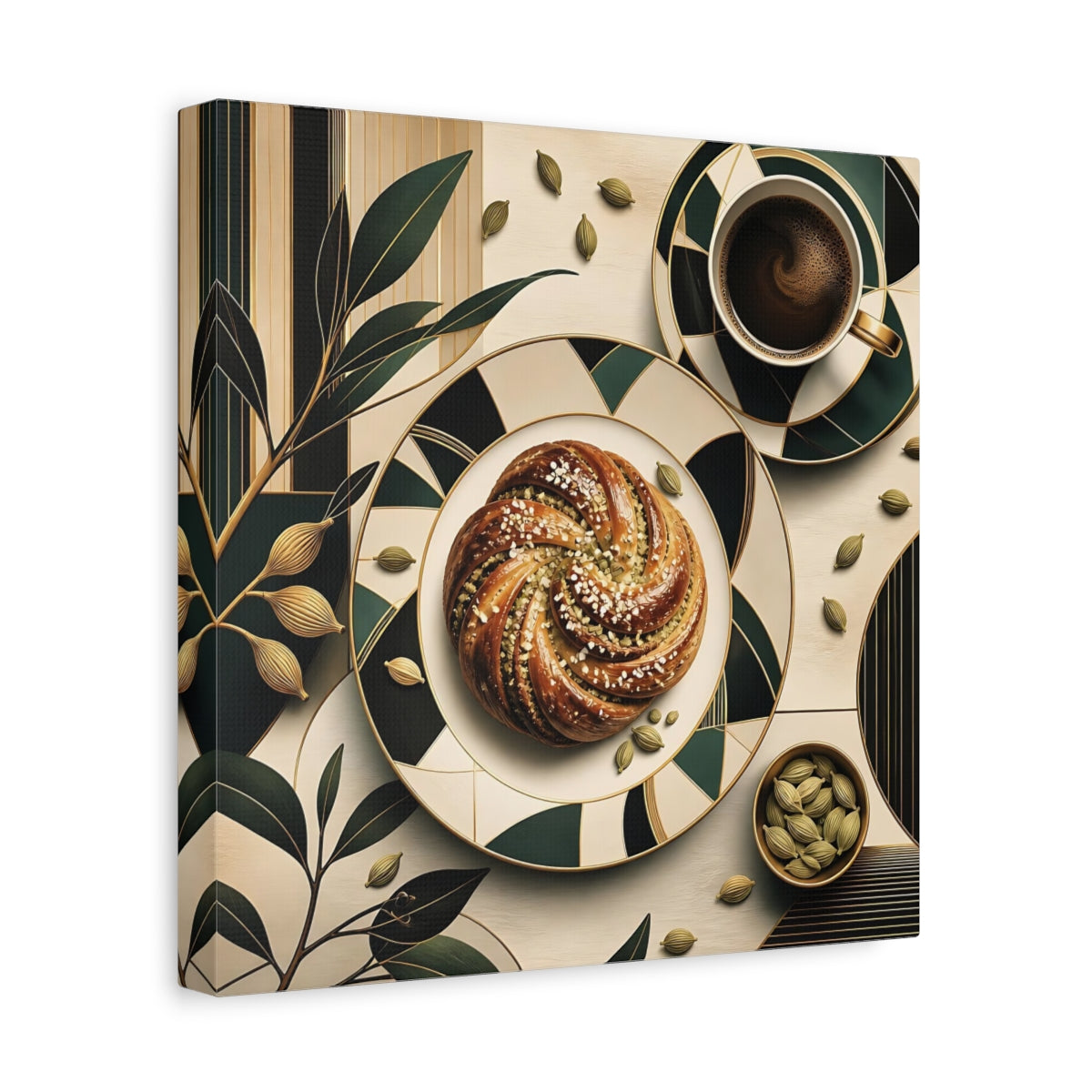 Side Mockup 8. Nature Cardamom Bun Green And Gold Still Life shown as stretched canvas wall art