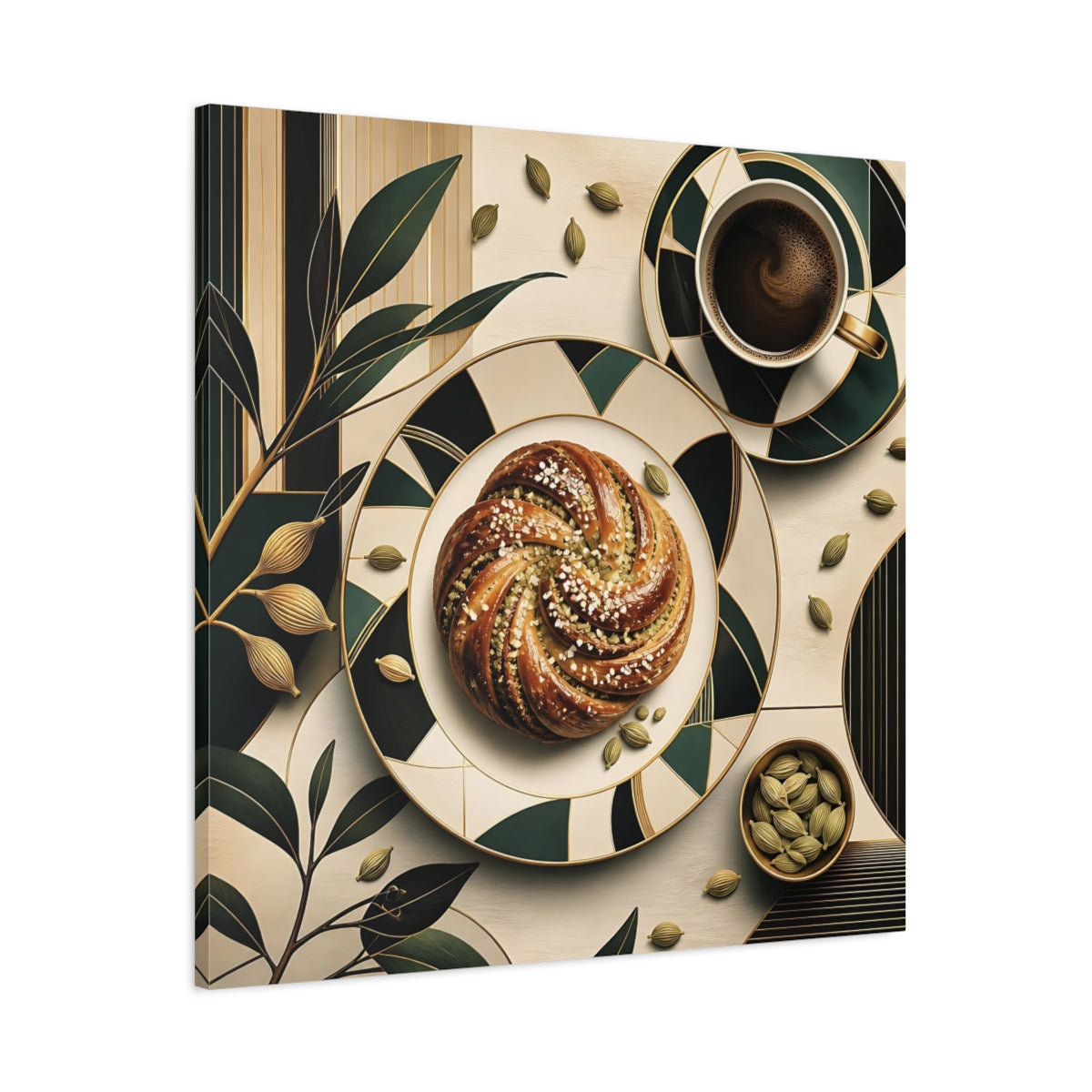 Main Mockup. Nature Cardamom Bun Green And Gold Still Life shown as stretched canvas wall art