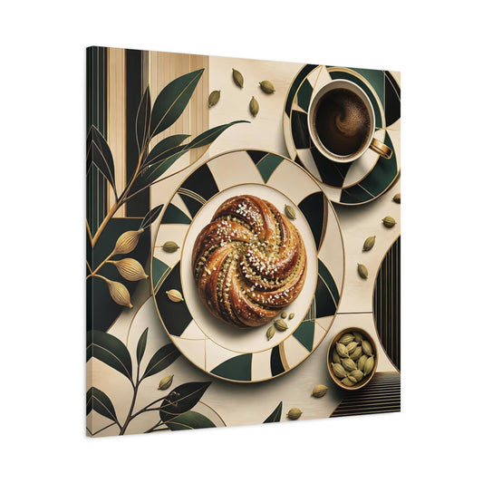 Main Mockup. Nature Cardamom Bun Green And Gold Still Life shown as stretched canvas wall art