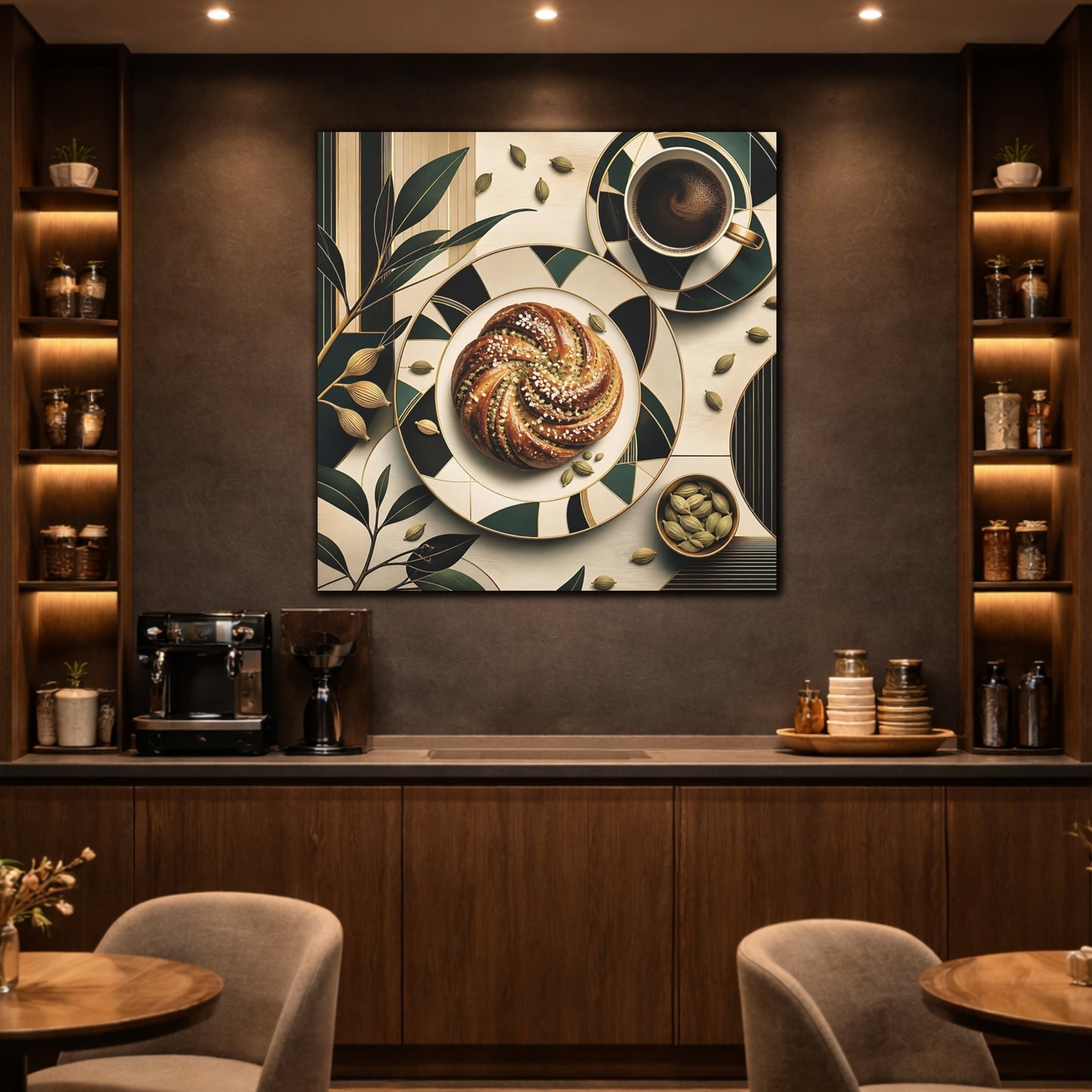 Mockup 2. Nature Cardamom Bun Green And Gold Still Life shown as stretched canvas wall art