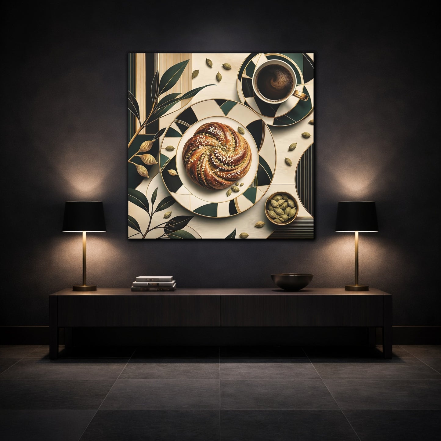 Mockup 3. Nature Cardamom Bun Green And Gold Still Life shown as stretched canvas wall art
