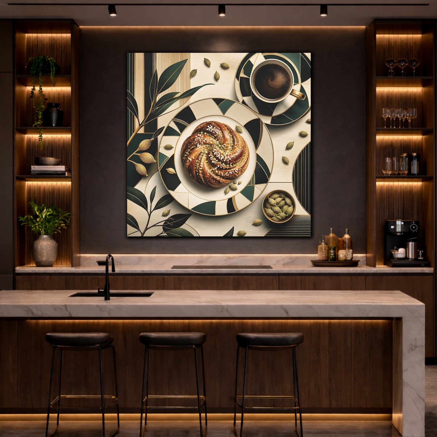 Mockup 4. Nature Cardamom Bun Green And Gold Still Life shown as stretched canvas wall art