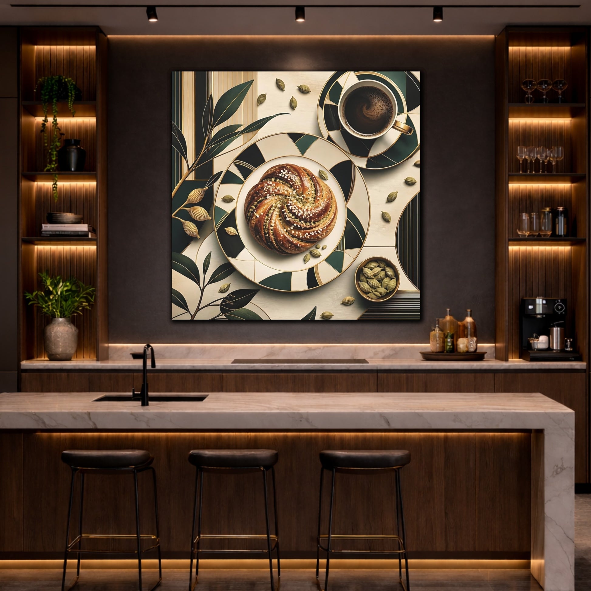 Mockup 4. Nature Cardamom Bun Green And Gold Still Life shown as stretched canvas wall art