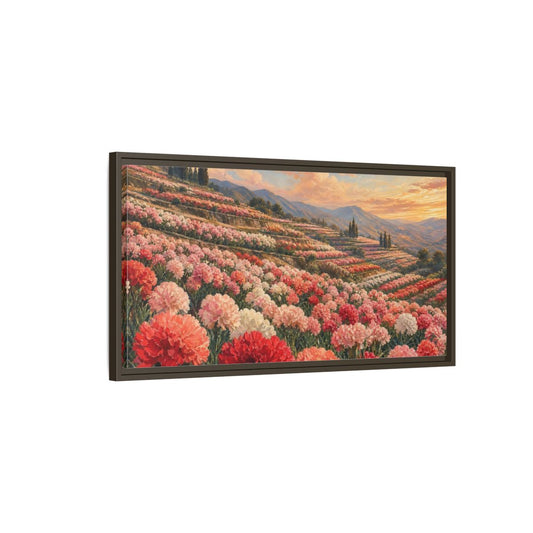 Main Mockup. Nature Carnation Field Pink Red Flowers shown as stretched canvas wall art