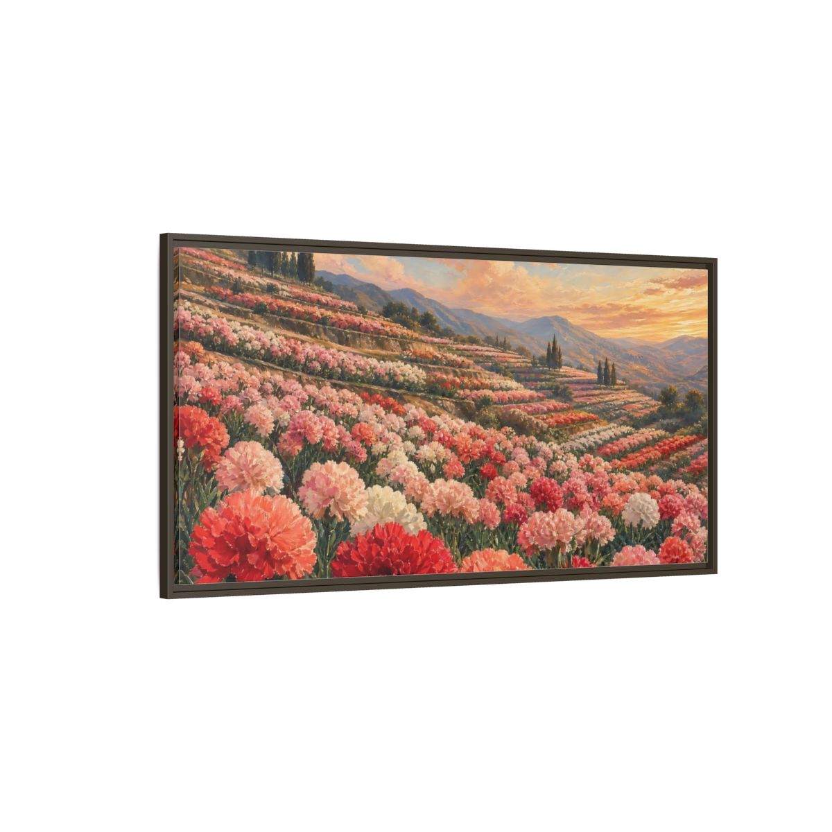 Side Mockup 4. Nature Carnation Field Pink Red Flowers shown as stretched canvas wall art