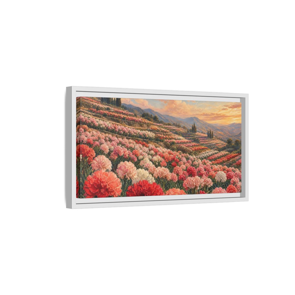 Side Mockup 6. Nature Carnation Field Pink Red Flowers shown as stretched canvas wall art