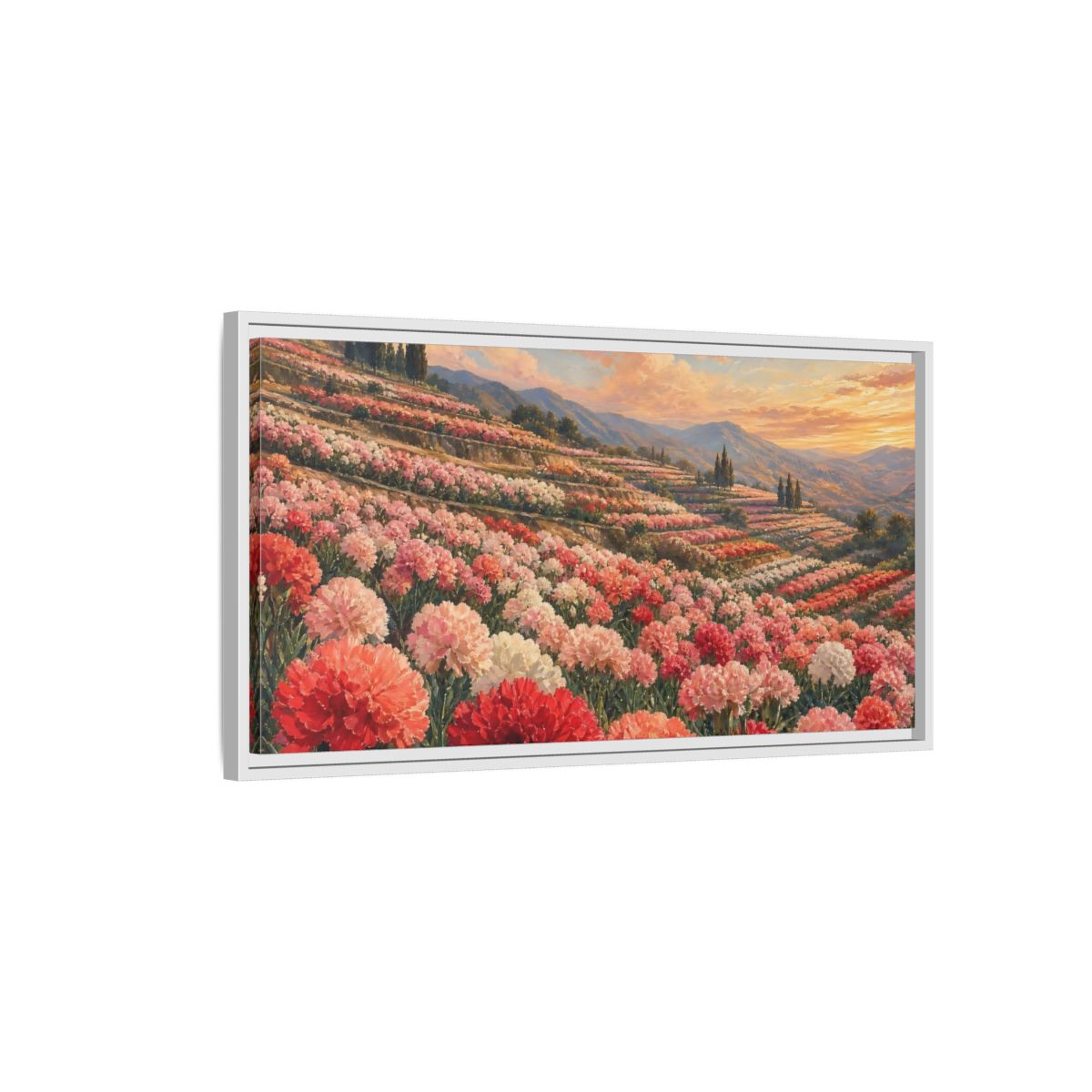 Side Mockup 1. Nature Carnation Field Pink Red Flowers shown as stretched canvas wall art