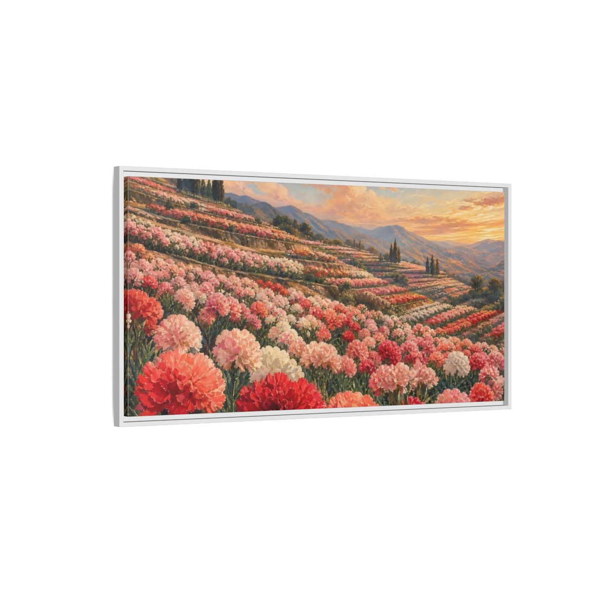 Side Mockup 3. Nature Carnation Field Pink Red Flowers shown as stretched canvas wall art