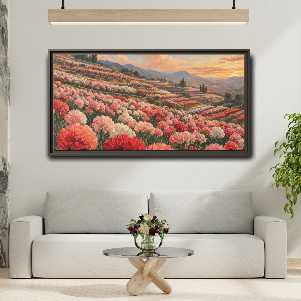 Mockup 2. Nature Carnation Field Pink Red Flowers shown as stretched canvas wall art