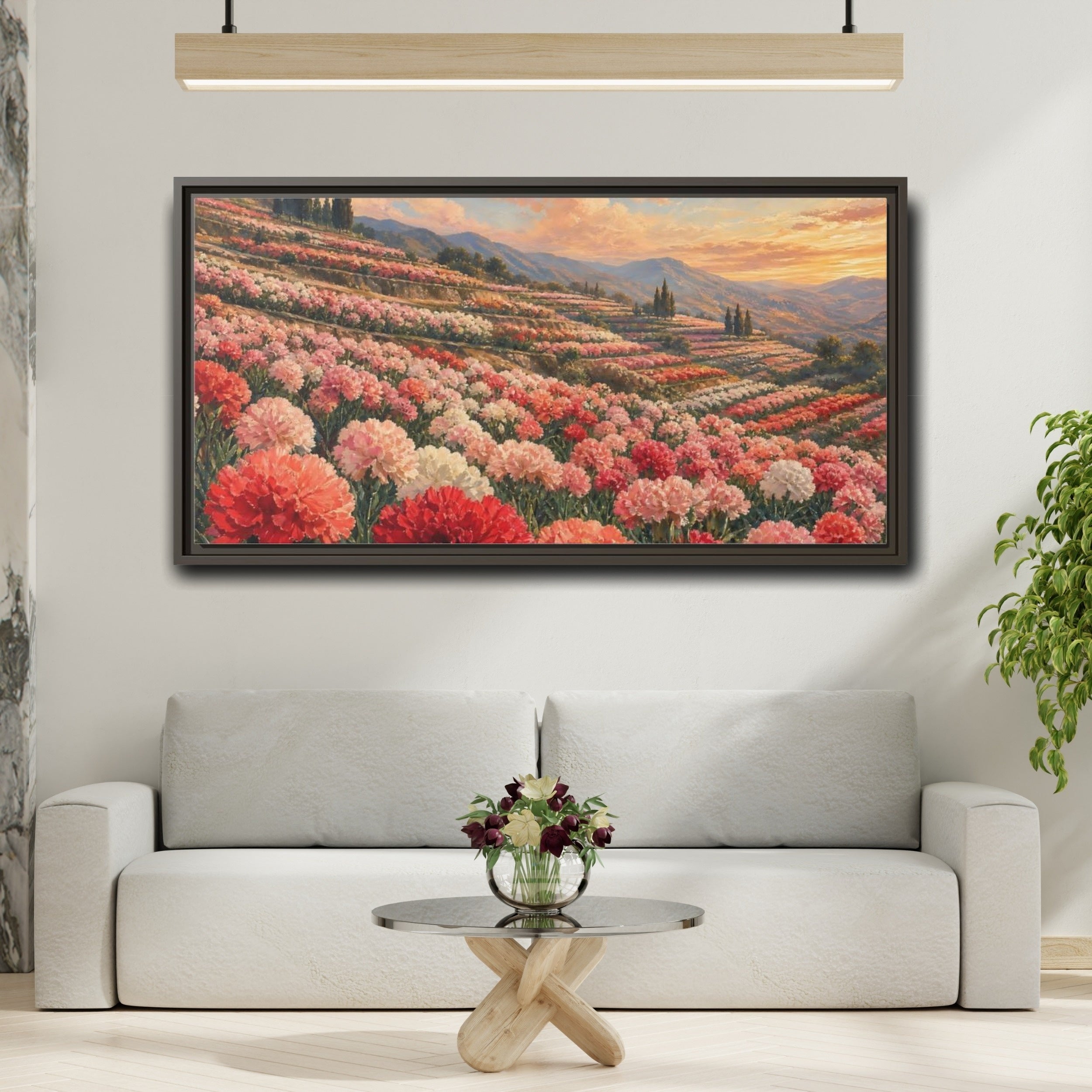 Mockup 2. Nature Carnation Field Pink Red Flowers shown as stretched canvas wall art