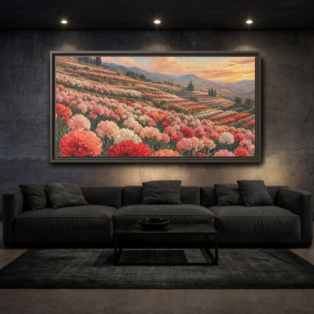 Mockup 3. Nature Carnation Field Pink Red Flowers shown as stretched canvas wall art