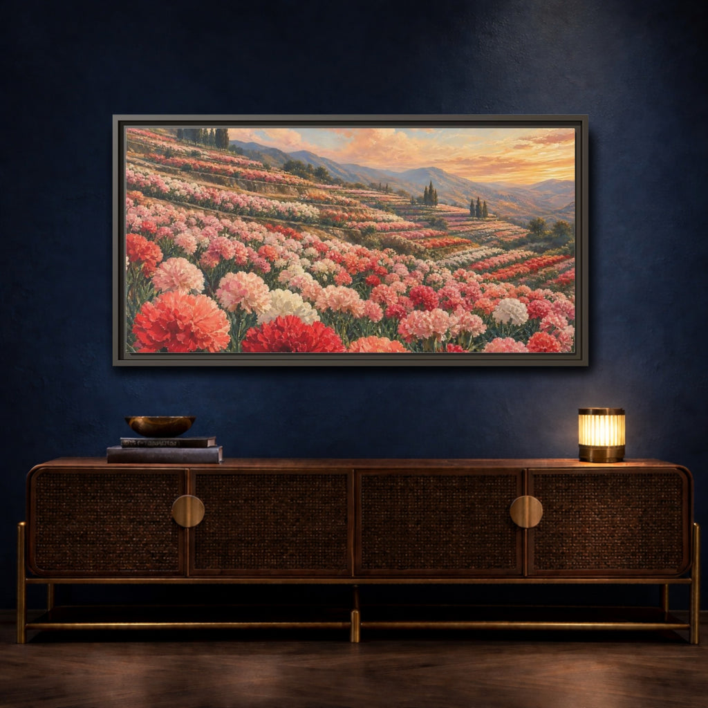 Mockup 4. Nature Carnation Field Pink Red Flowers shown as stretched canvas wall art