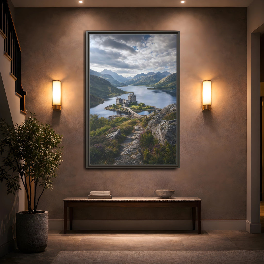 Mockup 2. Nature Castle Green Blue Grey Castle shown as stretched canvas wall art