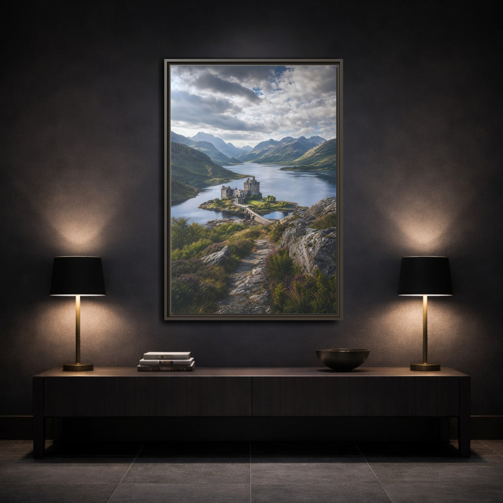 Mockup 3. Nature Castle Green Blue Grey Castle shown as stretched canvas wall art