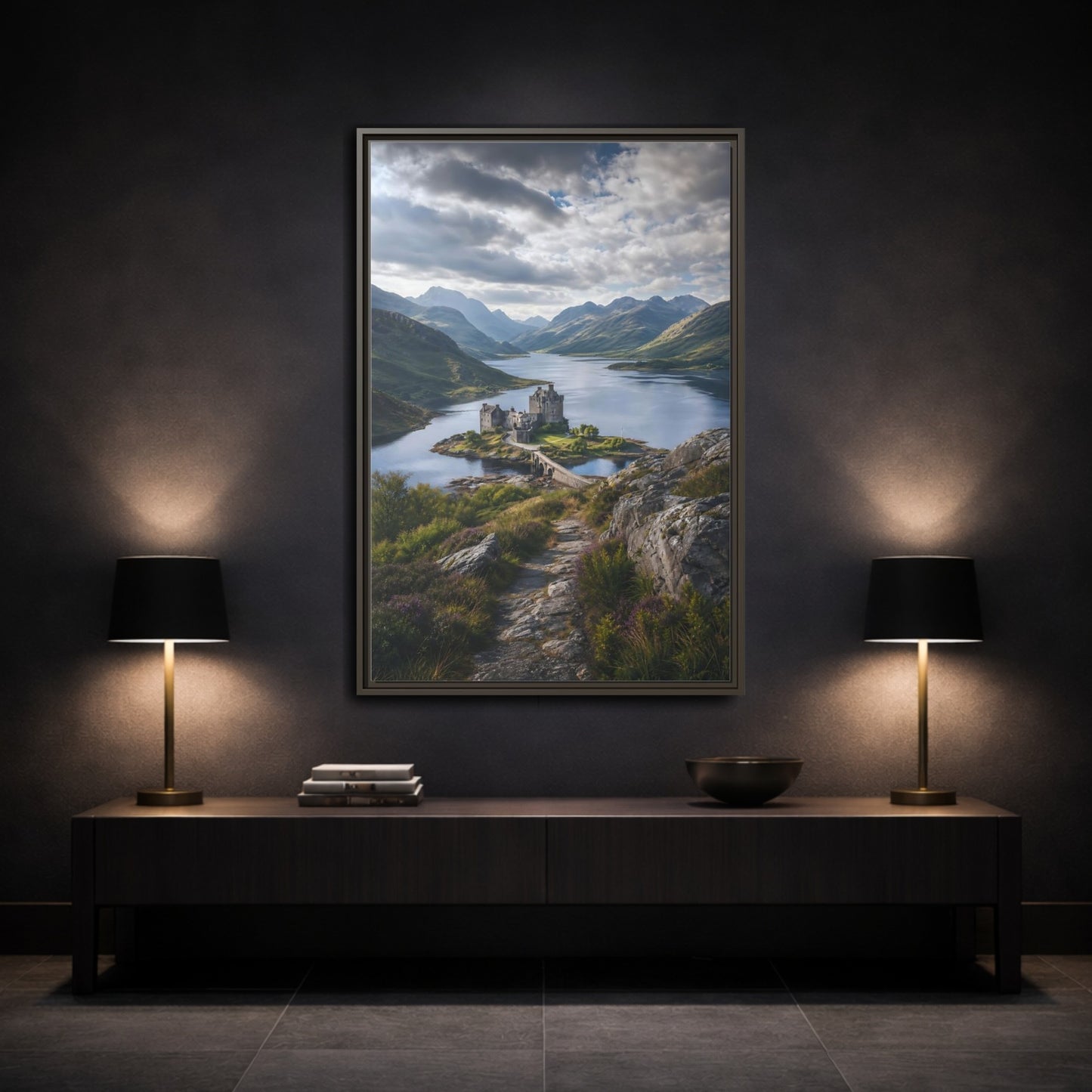 Nature Castle Green Blue Grey Framed Canvas Wall Art - Living Room, Above Couch, Blue-Green shown as canvas wall art