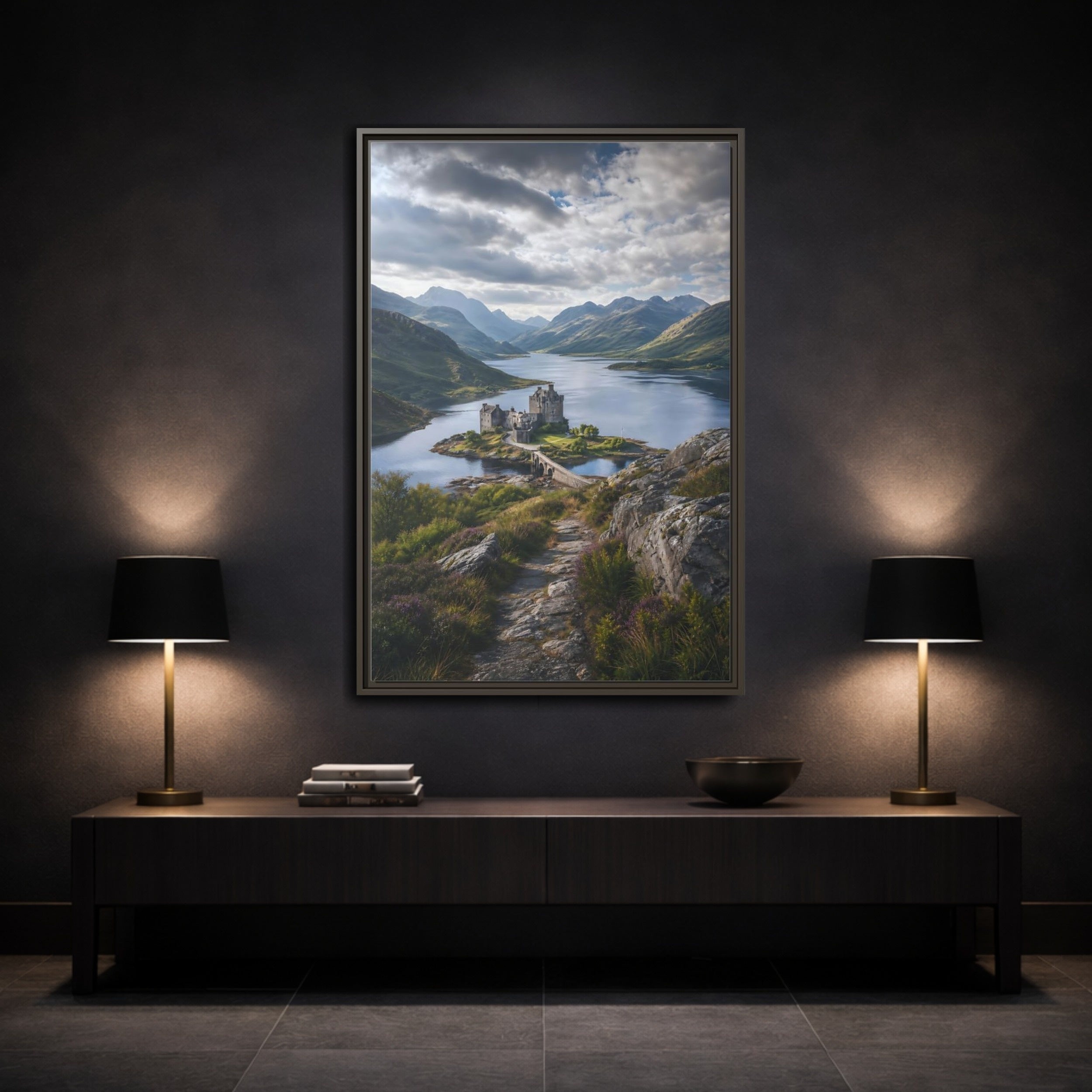 Mockup 3. Nature Castle Green Blue Grey Castle shown as stretched canvas wall art