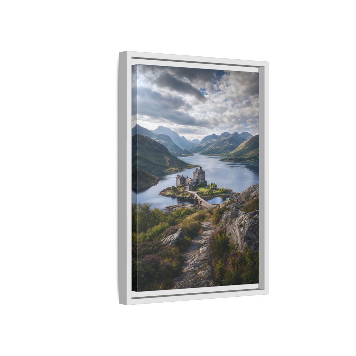 Nature Castle Green Blue Grey Framed Canvas Wall Art - Living Room, Above Couch, Blue-Green shown as canvas wall art