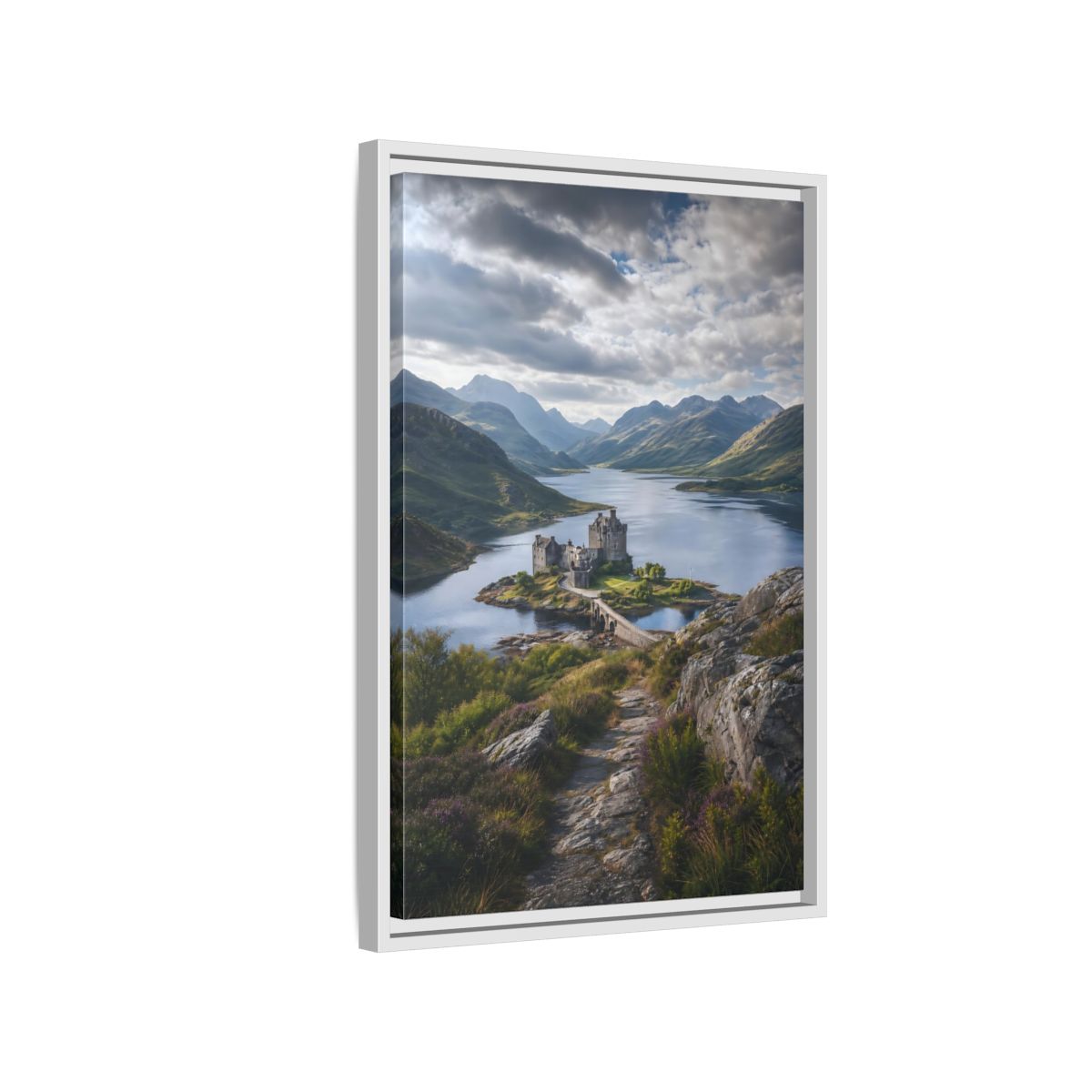 Nature Castle Green Blue Grey Framed Canvas Wall Art - Living Room, Above Couch, Blue-Green shown as canvas wall art