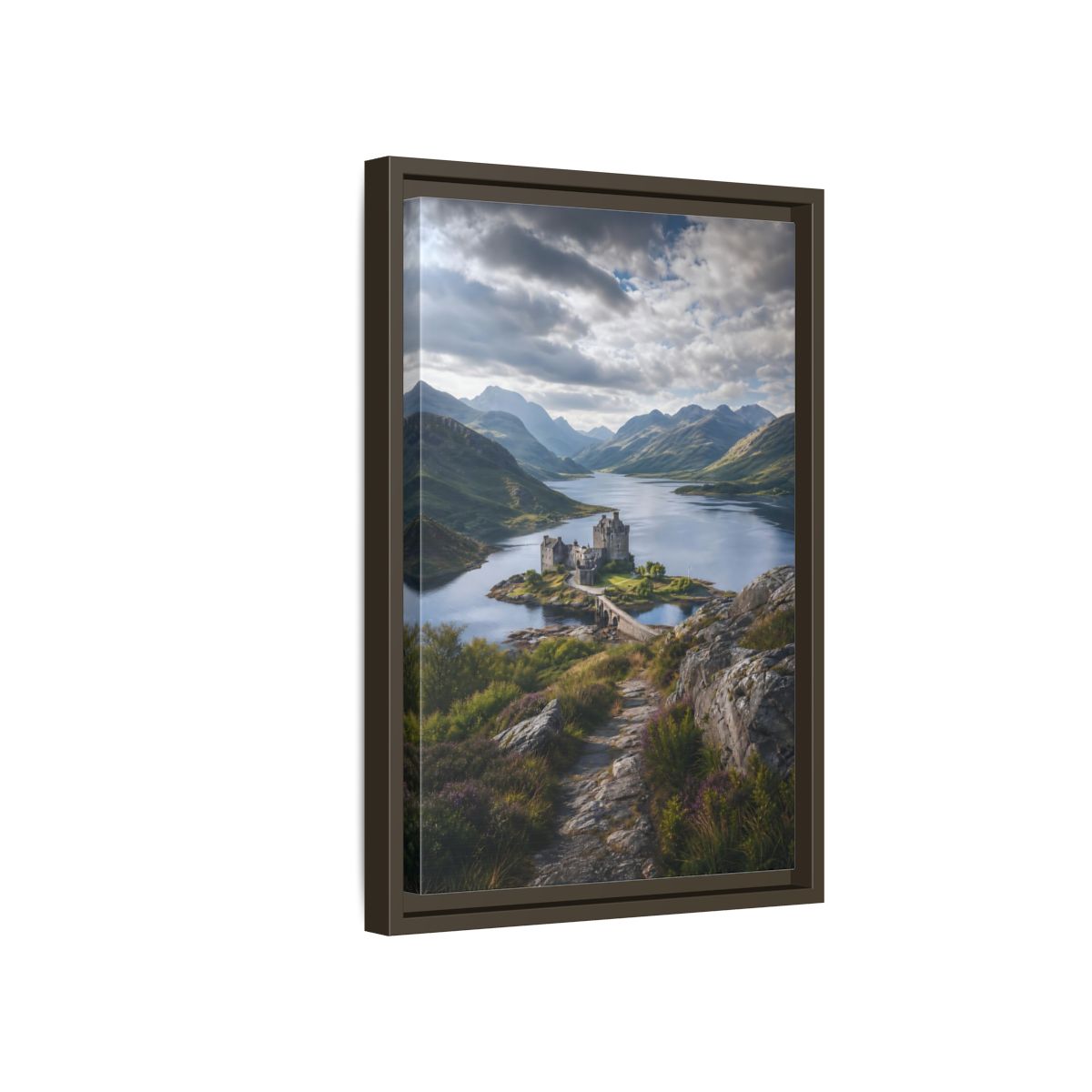 Nature Castle Green Blue Grey Framed Canvas Wall Art - Living Room, Above Couch, Blue-Green shown as canvas wall art