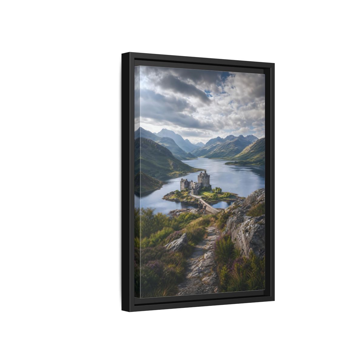 Side Mockup 6. Nature Castle Green Blue Grey Castle shown as stretched canvas wall art