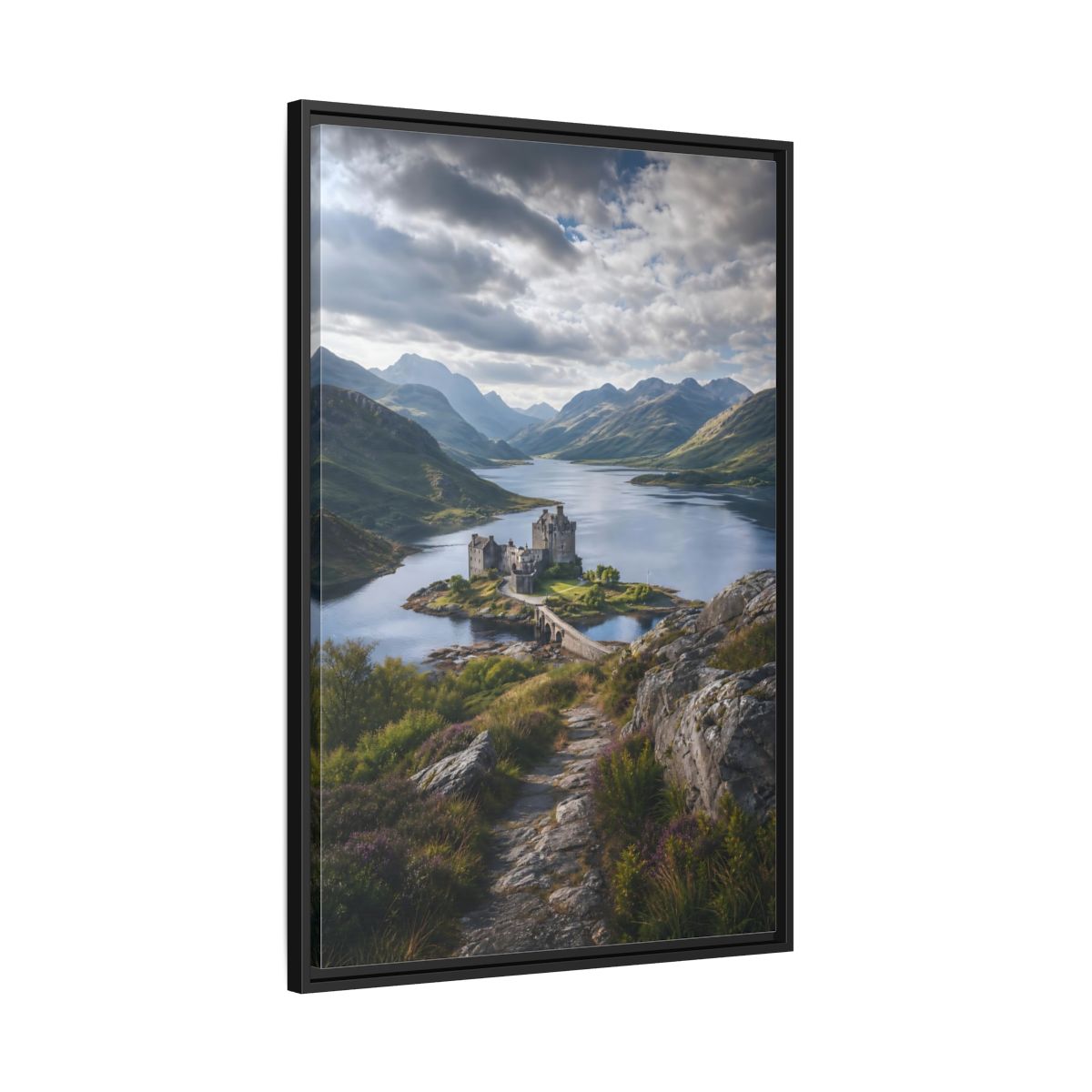 Nature Castle Green Blue Grey Framed Canvas Wall Art - Living Room, Above Couch, Blue-Green shown as canvas wall art